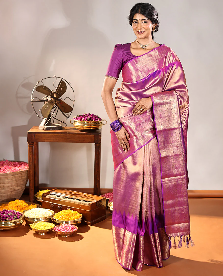 Scintillating Purple Vasundhara Lite-Silk Mix Saree, Gleamed Up with Zari on Its Body, Highlighted by Thazampoo Rekku Border of Neli, Paisa, Cross Kamalam, and Kodi Visiry Designs, a Grand Geometric-Patterned Pallu, and Paired with a Matching Blouse - Image 4