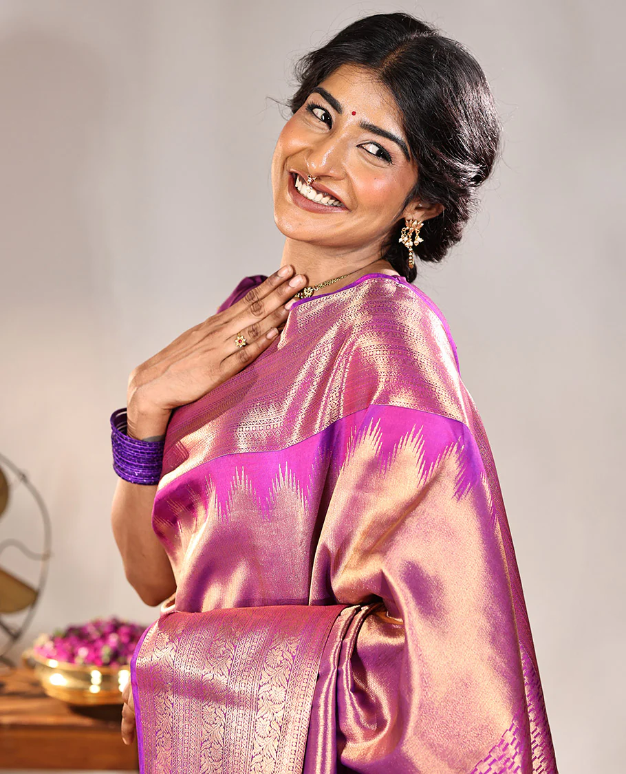 Scintillating Purple Vasundhara Lite-Silk Mix Saree, Gleamed Up with Zari on Its Body, Highlighted by Thazampoo Rekku Border of Neli, Paisa, Cross Kamalam, and Kodi Visiry Designs, a Grand Geometric-Patterned Pallu, and Paired with a Matching Blouse - Image 6