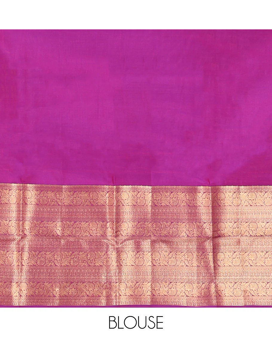 Scintillating Purple Vasundhara Lite-Silk Mix Saree, Gleamed Up with Zari on Its Body, Highlighted by Thazampoo Rekku Border of Neli, Paisa, Cross Kamalam, and Kodi Visiry Designs, a Grand Geometric-Patterned Pallu, and Paired with a Matching Blouse - Image 7