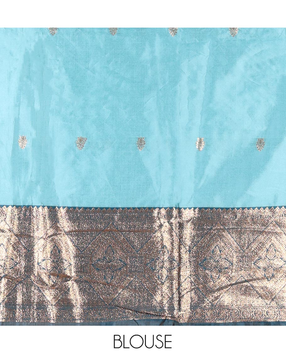 Sea Green and Blue Semi-Banarasi Half-Saree, Elevated with Zari Buttas on Its Skirt, Complemented by a Contrast Traditional Zari-Design Border, Paired with a Matching Blouse, and a Contrast Satin Georgette Zari-Bordered Dhavani - Image 4