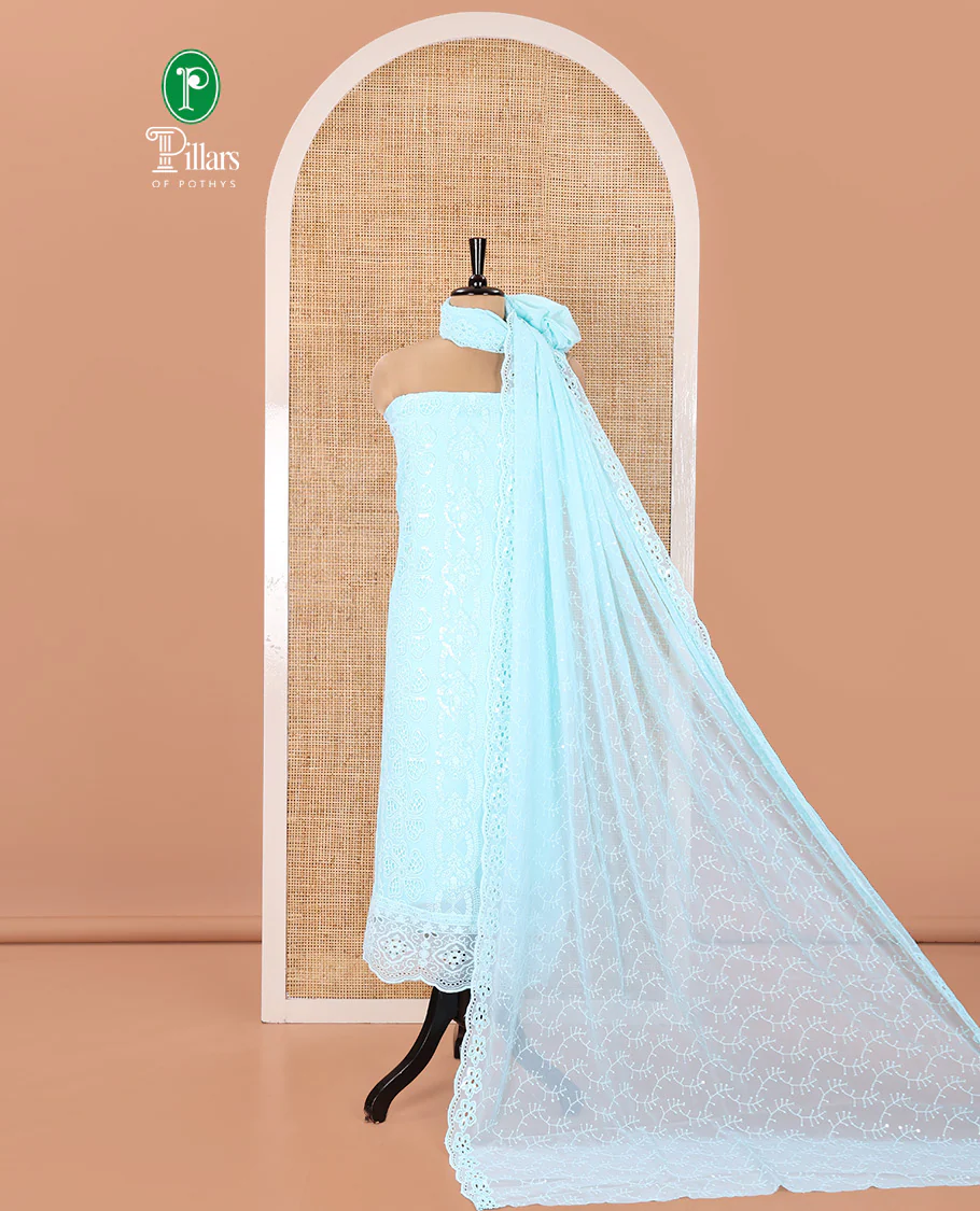 Sea Green Georgette Material Chudidar Set, Adorned with Cut Work and Sequins Embroidered Top, a Plain American Crepe Bottom, and Comes with a  Embroidered Georgette Scallop Dupatta