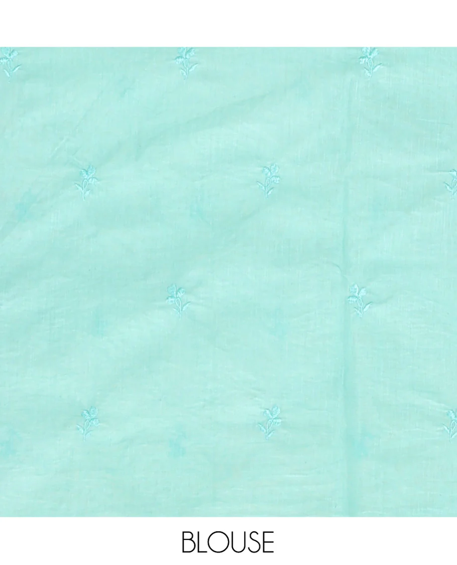 Sea Green Organza Saree, Delicately Woven with Floral Enclosed Circle Motifs Thread Embroidery, Subtle Scallop Border, Delicately Embroidered Pallu, and Paired with a Matching Embroidered Blouse - Image 5