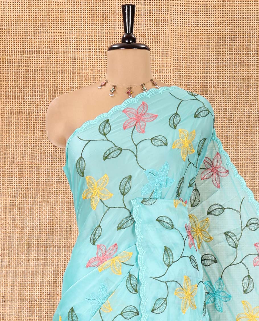 Sea Green Rangoli Chiffon Saree, Beautified with Multi-Color Floral Vine Embroidery on Its Body, Floral Embroidered Pallu, and Contrast Floral Embroidered Blouse - Image 2