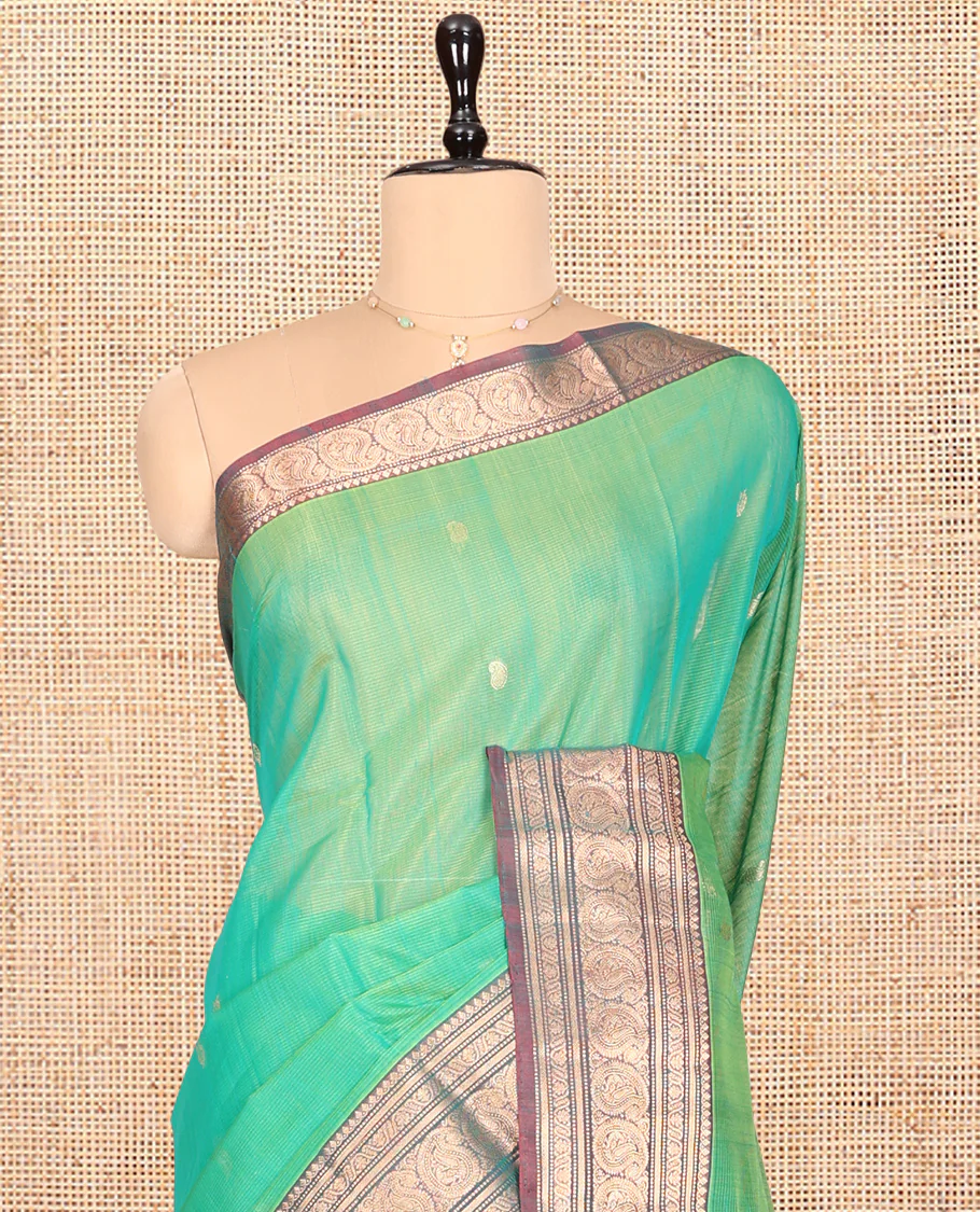 Sea Green Silk Cotton Saree, Elevated with Buttas, Complemented by Contrast Traditional Paisley Zari Design Border, Zari-Decked Pallu, and a Contrast Blouse - Image 2