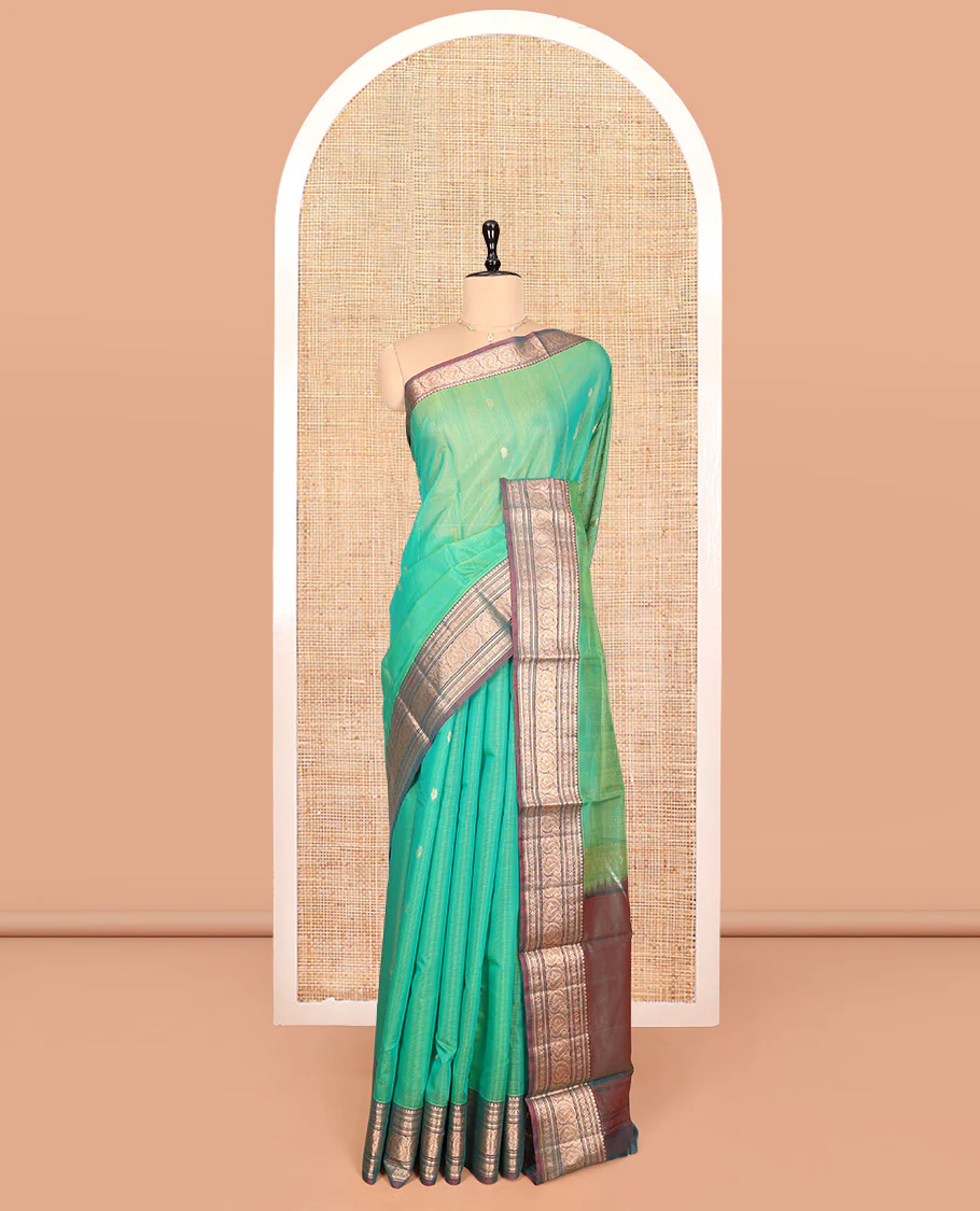 Sea Green Silk Cotton Saree, Elevated with Buttas, Complemented by Contrast Traditional Paisley Zari Design Border, Zari-Decked Pallu, and a Contrast Blouse - Image 3