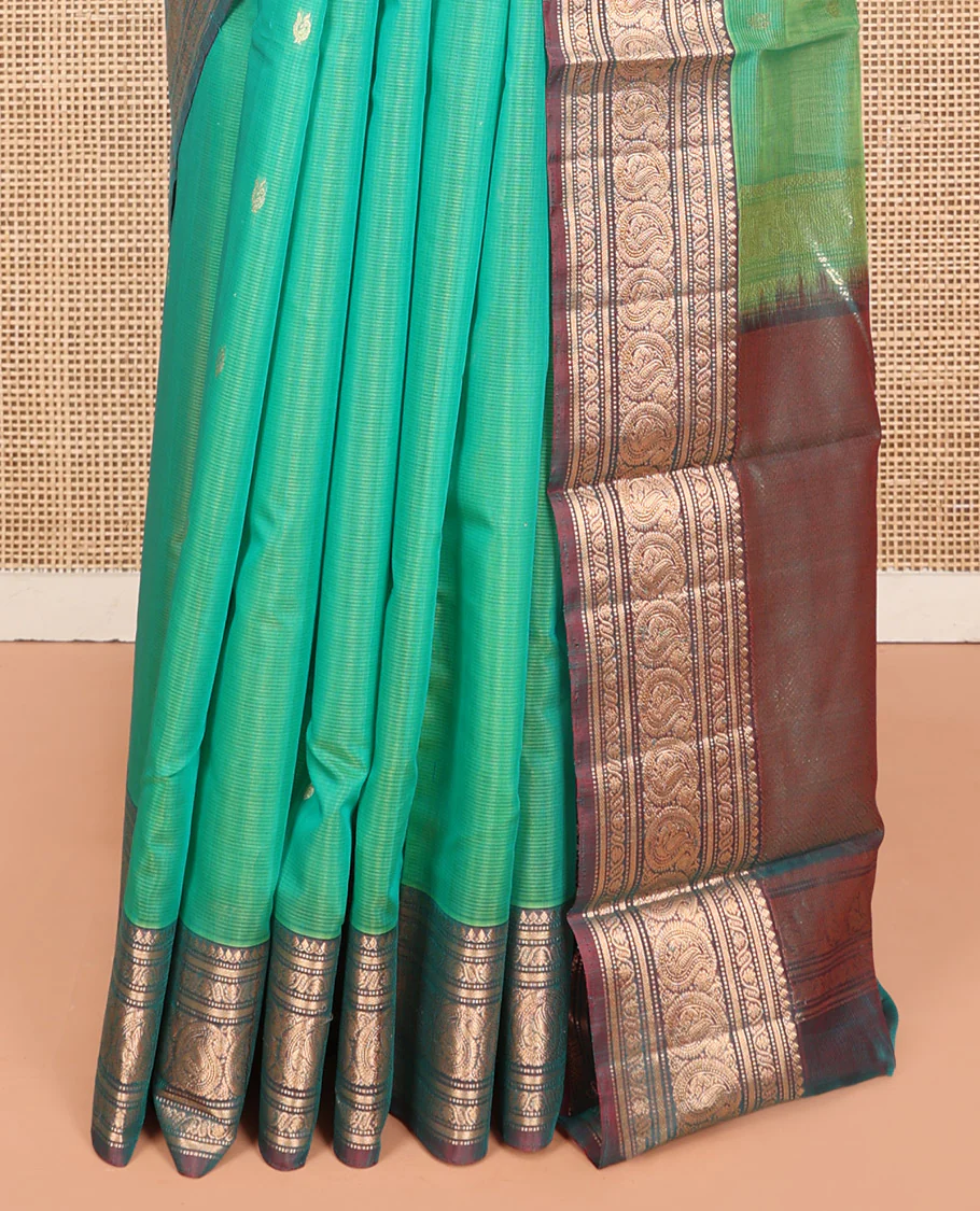 Sea Green Silk Cotton Saree, Elevated with Buttas, Complemented by Contrast Traditional Paisley Zari Design Border, Zari-Decked Pallu, and a Contrast Blouse - Image 4