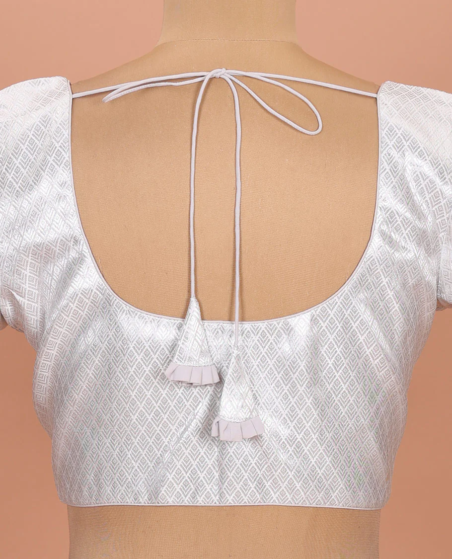 Silver jaal patterned front-back round neck elbow-sleeve readymade blouse - Image 4