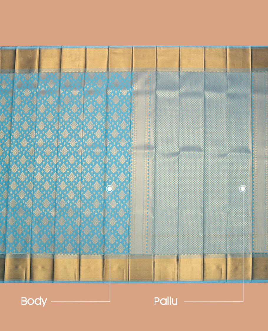 Sky Blue Budget Silk Saree, Enriched with Zari Buttas All Over Its Body, Highlighted by Traditional Zari Designs Woven Border, Grand Pallu, Paired with a Matching Blouse - Inspired by Trisha Blue Saree - Image 10