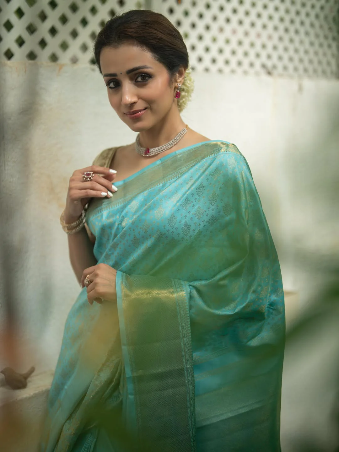 Sky Blue Budget Silk Saree, Enriched with Zari Buttas All Over Its Body, Highlighted by Traditional Zari Designs Woven Border, Grand Pallu, Paired with a Matching Blouse - Inspired by Trisha Blue Saree - Image 12