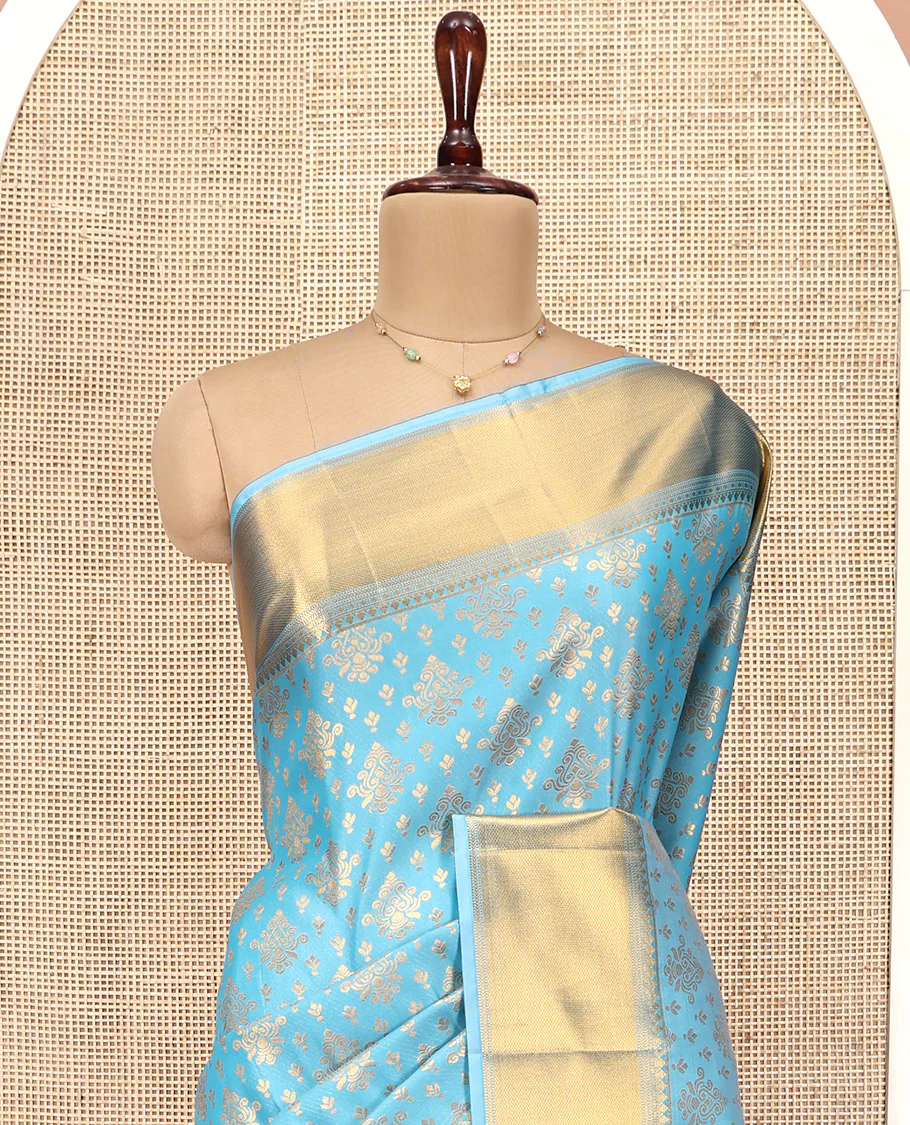 Sky Blue Budget Silk Saree, Enriched with Zari Buttas All Over Its Body, Highlighted by Traditional Zari Designs Woven Border, Grand Pallu, Paired with a Matching Blouse - Inspired by Trisha Blue Saree - Image 6