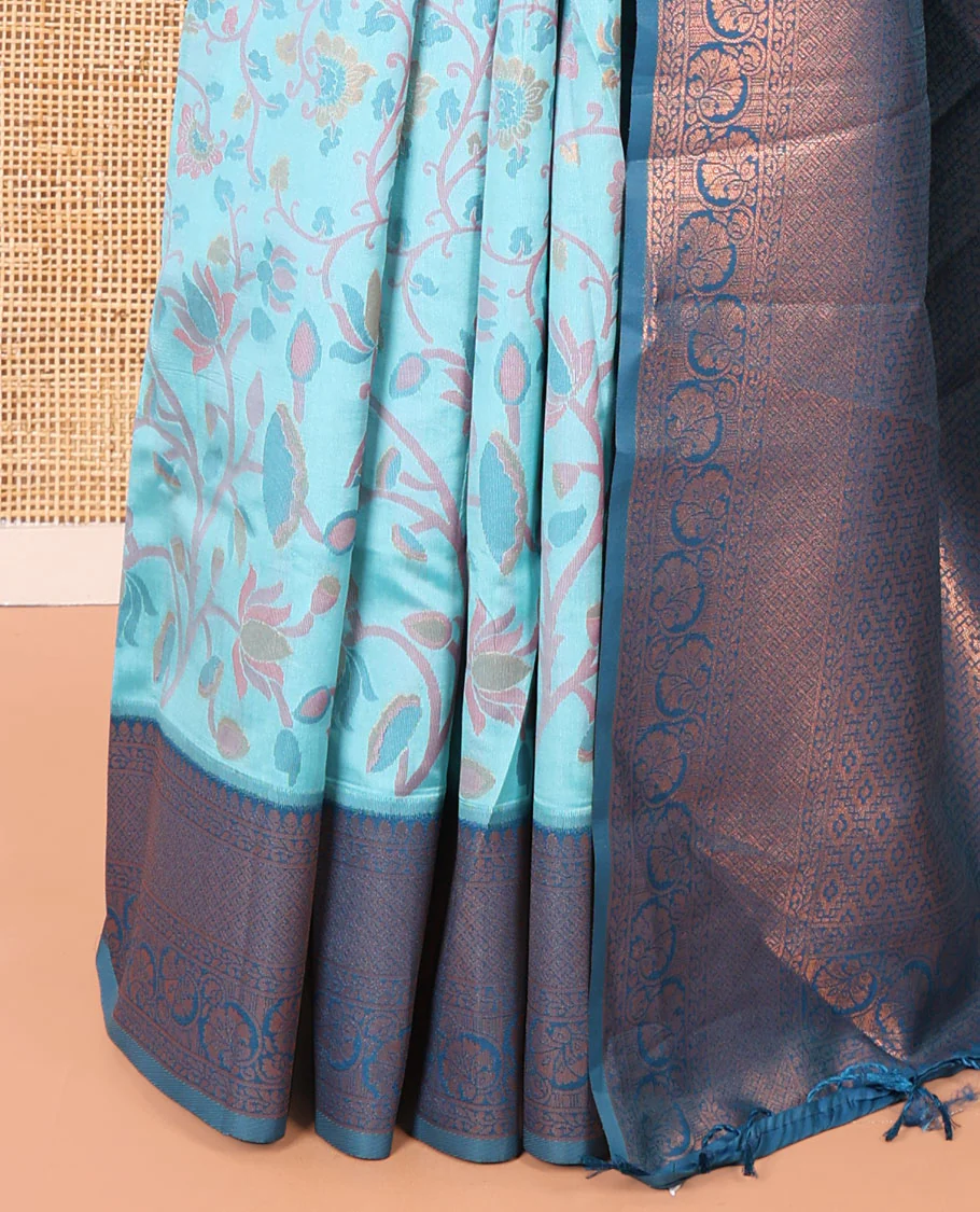 Sky Blue Litchi Saree, Bedecked with Floral Vine in Resham and Zari Thread Designs, Complemented by Contrast Floral Zari Border, Grand Jaal Design Pallu, and Paired with a Contrast Blouse - Image 3