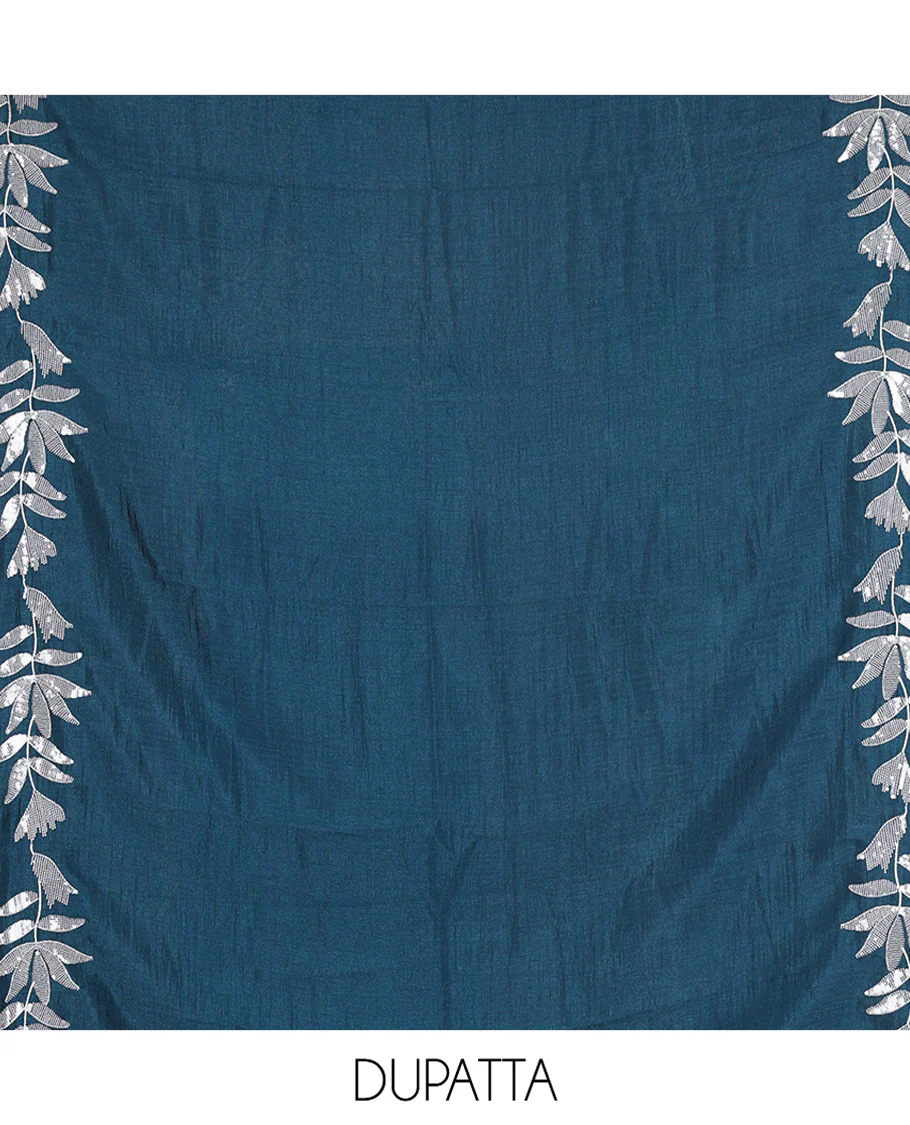 Sky Blue Material Churidar Set, Detailed with Floral Motifs Sequins-Thread Embroidered on Its Vichitra Silk Top, Comes with a Contrast Santoon Bottom, and Paired with a Vichitra Silk Floral Embroidered Scallop Dupatta - Image 2