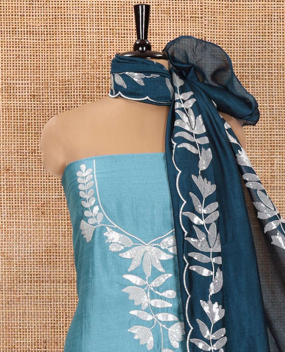 Sky Blue Material Churidar Set, Detailed with Floral Motifs Sequins-Thread Embroidered on Its Vichitra Silk Top, Comes with a Contrast Santoon Bottom, and Paired with a Vichitra Silk Floral Embroidered Scallop Dupatta - Image 3