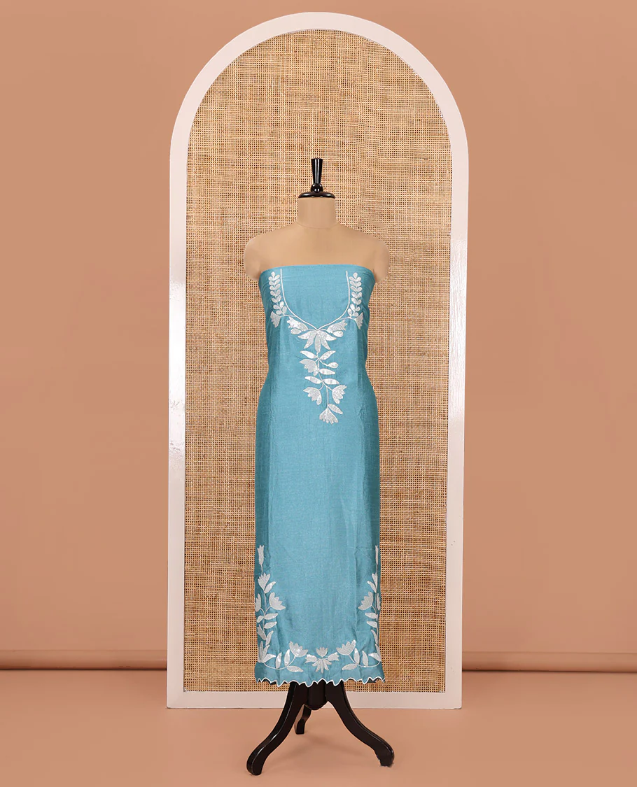 Sky Blue Material Churidar Set, Detailed with Floral Motifs Sequins-Thread Embroidered on Its Vichitra Silk Top, Comes with a Contrast Santoon Bottom, and Paired with a Vichitra Silk Floral Embroidered Scallop Dupatta - Image 4