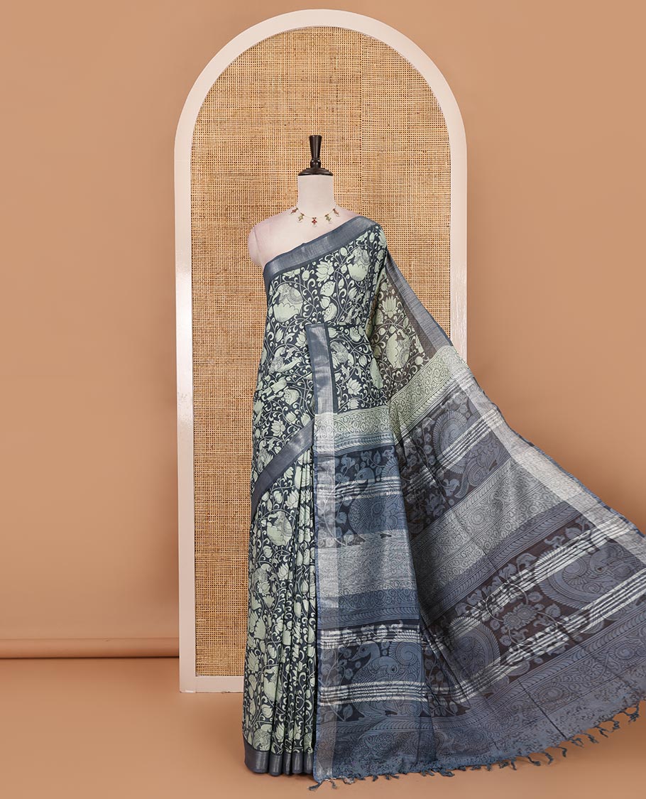 Steal grey flora-fauna kalamkari printed Bhagalpur linen saree, zari border, contrast floral-peacock printed pallu & contrast printed blouse