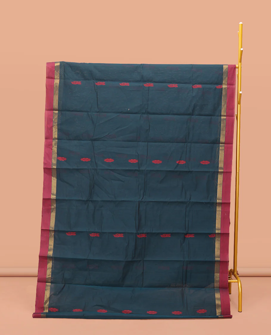 Teal Blue Kanchi Cotton Saree, Elevated with Thread Buttas On Its Body, Complemented by a Contrast Border, Floral-Design Pallu, and a Matching Blouse