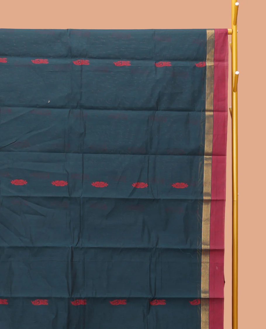 Teal Blue Kanchi Cotton Saree, Elevated with Thread Buttas On Its Body, Complemented by a Contrast Border, Floral-Design Pallu, and a Matching Blouse - Image 2