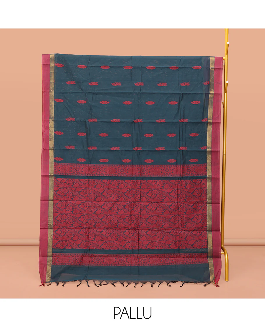 Teal Blue Kanchi Cotton Saree, Elevated with Thread Buttas On Its Body, Complemented by a Contrast Border, Floral-Design Pallu, and a Matching Blouse - Image 3