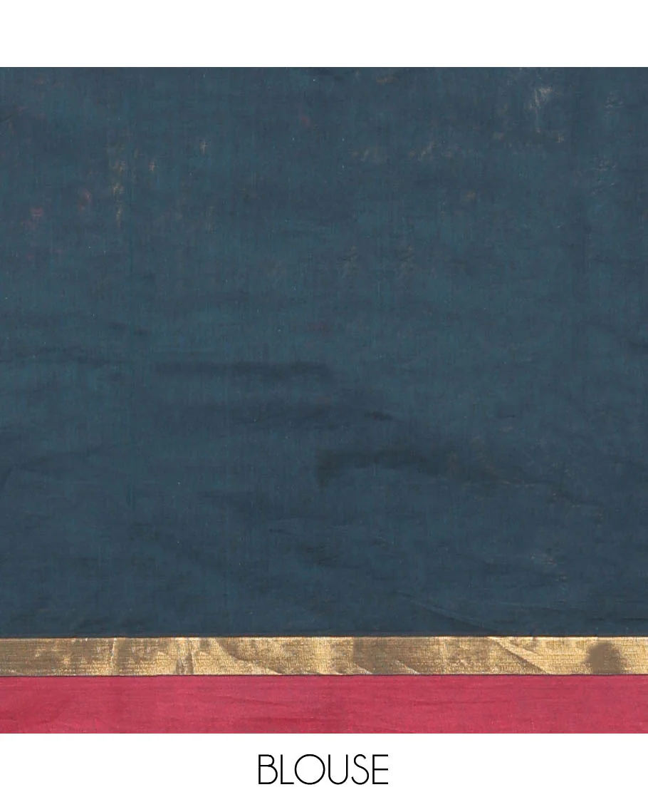 Teal Blue Kanchi Cotton Saree, Elevated with Thread Buttas On Its Body, Complemented by a Contrast Border, Floral-Design Pallu, and a Matching Blouse - Image 4