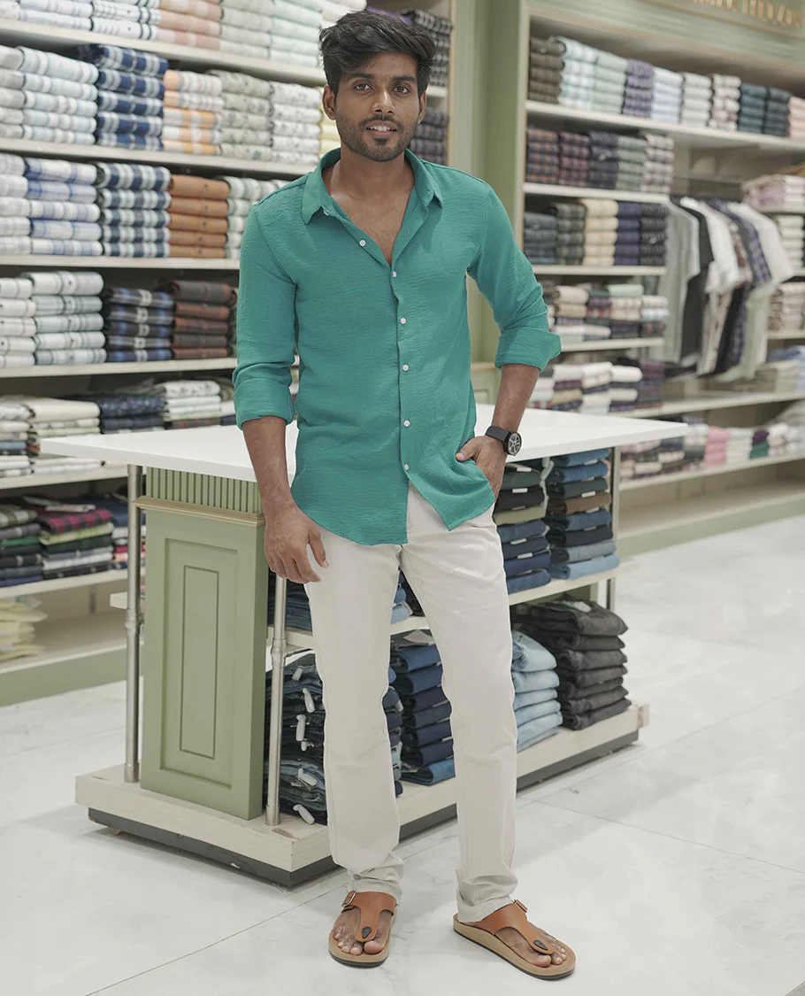Teal Plain Poly-Blend Casual Shirt, Comes with a Spread Collar, Full-Sleeves, Slim Fit, and Regular Length - Image 2