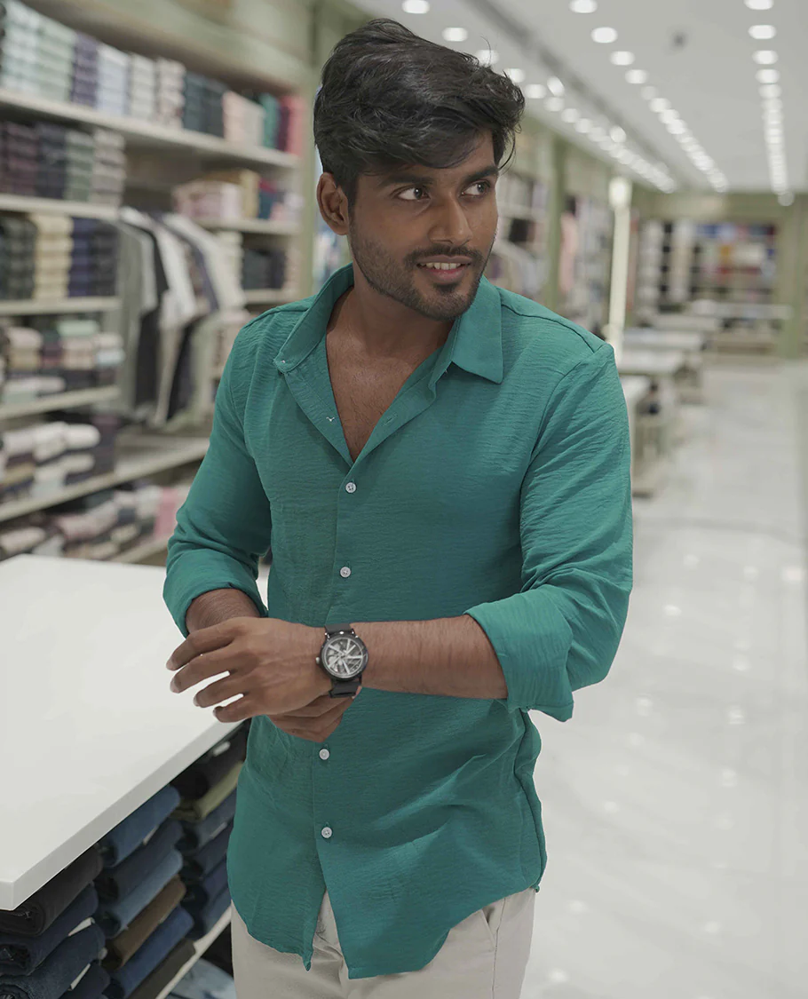 Teal Plain Poly-Blend Casual Shirt, Comes with a Spread Collar, Full-Sleeves, Slim Fit, and Regular Length - Image 3