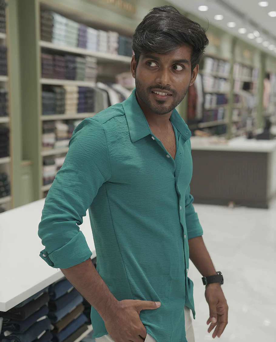 Teal Plain Poly-Blend Casual Shirt, Comes with a Spread Collar, Full-Sleeves, Slim Fit, and Regular Length - Image 4