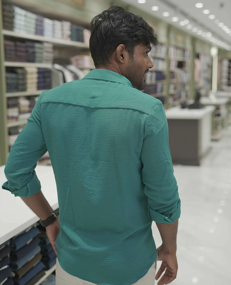 Teal Plain Poly-Blend Casual Shirt, Comes with a Spread Collar, Full-Sleeves, Slim Fit, and Regular Length - Image 5