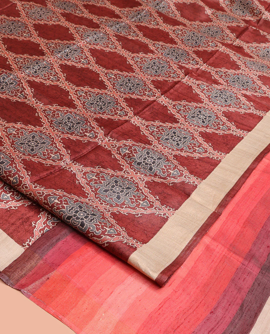 Terracotta Red Tussar Silk Saree, Boldly Accentuated with Ajrakh-Style Jaal Design on Its Body, a Subtle Border, Ombre-Style Striped Pallu, and Paired with a Contrast Blouse - Image 2