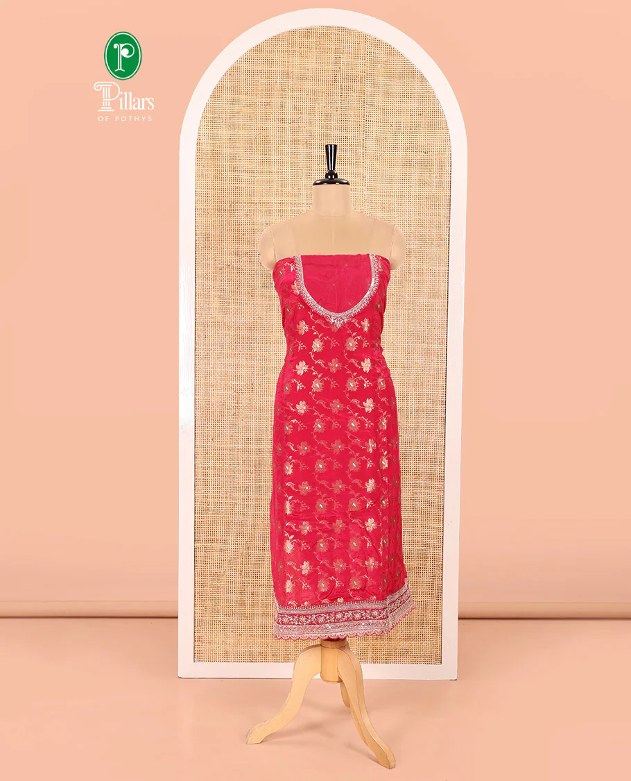 Tomato Pink Chudidar Set Prettified with Floral Jaal Jacquard Design Viscose Chinon Unstitched Top, Readymade Free Size Sharara Pants, and a Chinon Embroidered Scallop-Bordered Dupatta - Image 4