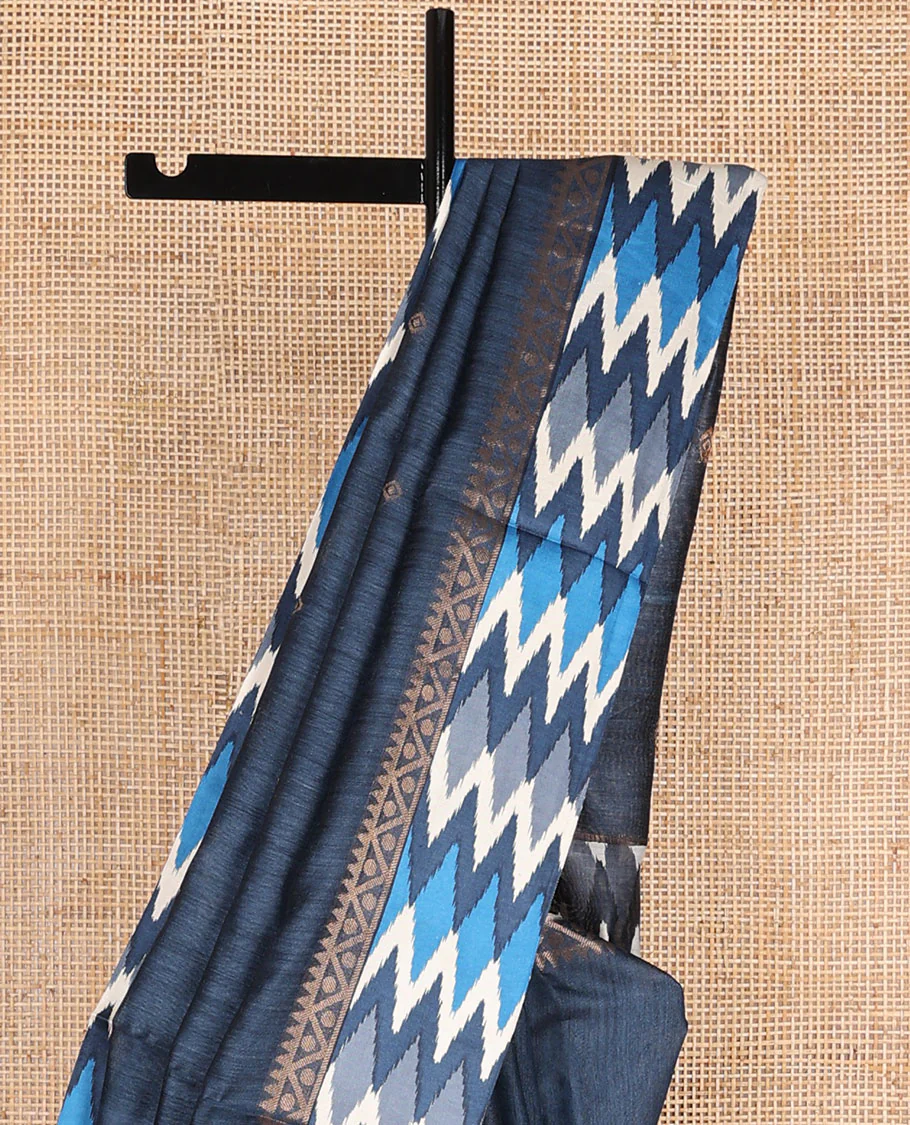 Blue tussar saree with buttas, contrast pochampally ikkat-style geometric patterned border & pallu - Image 3