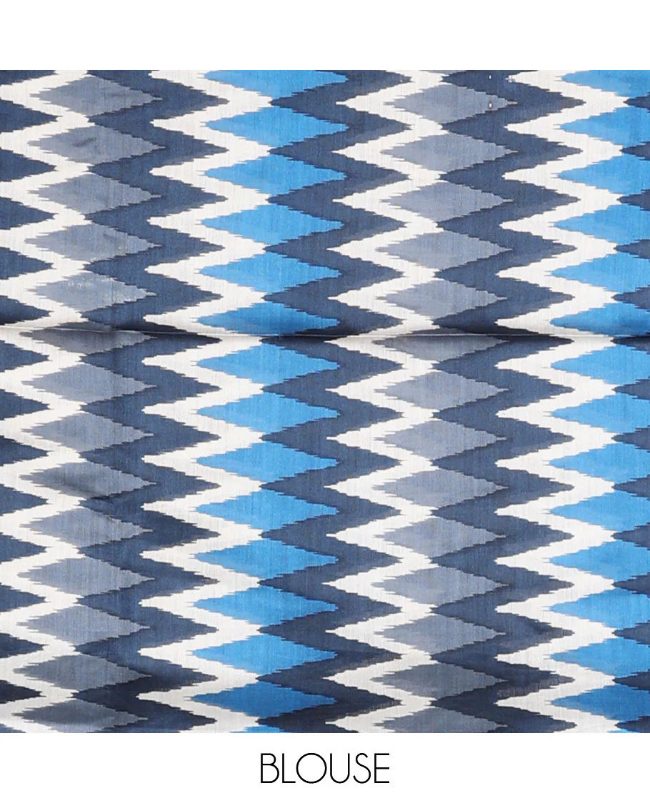 Blue tussar saree with buttas, contrast pochampally ikkat-style geometric patterned border & pallu - Image 5