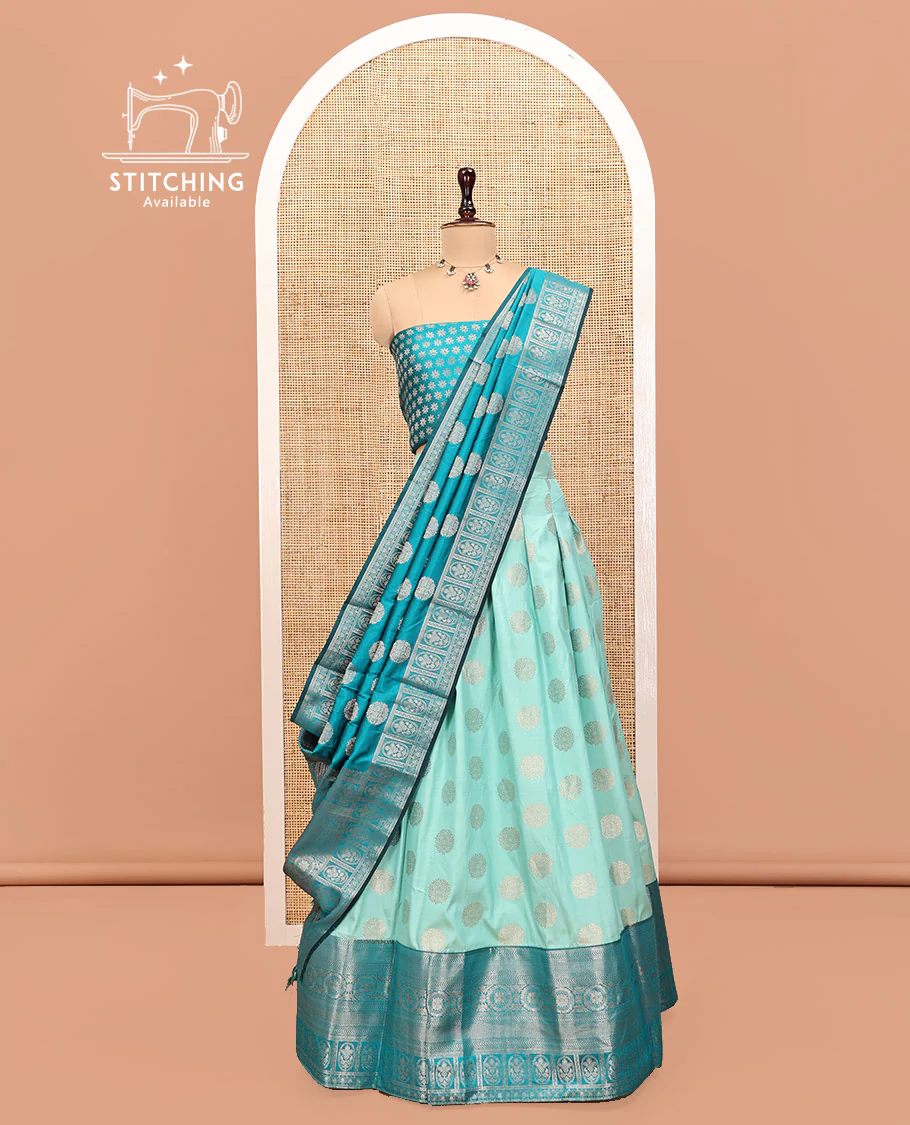 Turquoise Art Silk Half Saree, Detailed with Zari Buttas Skirt, Contrast Traditional Border, Jacquard Blouse, and a Contrast Banaras Dhavani