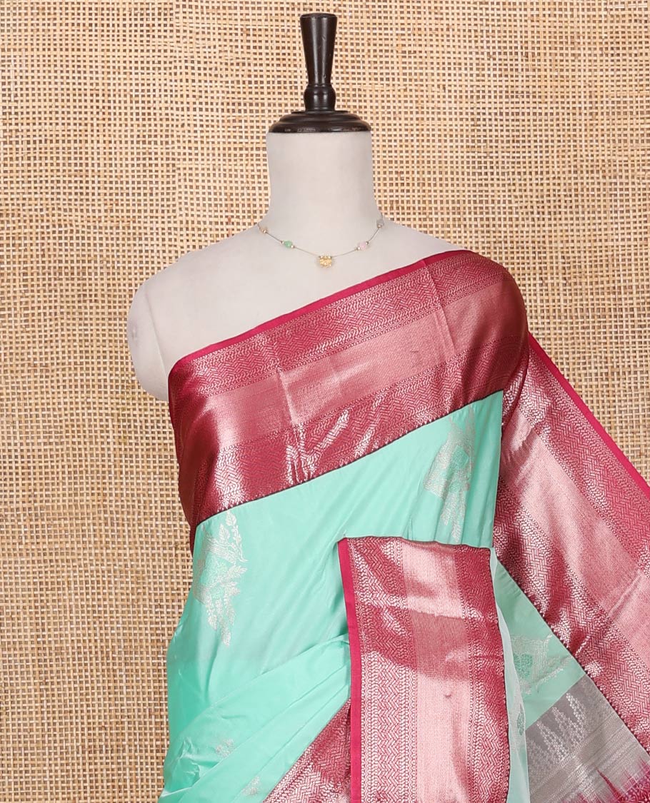 Turquoise Budget Silk Saree, Elegantly Framed with Zari Buttas on Its Body, Complemented by a Contrast Traditional Zari Design Border, Floral Design Pallu, and Paired with a Contrast Blouse - Image 2
