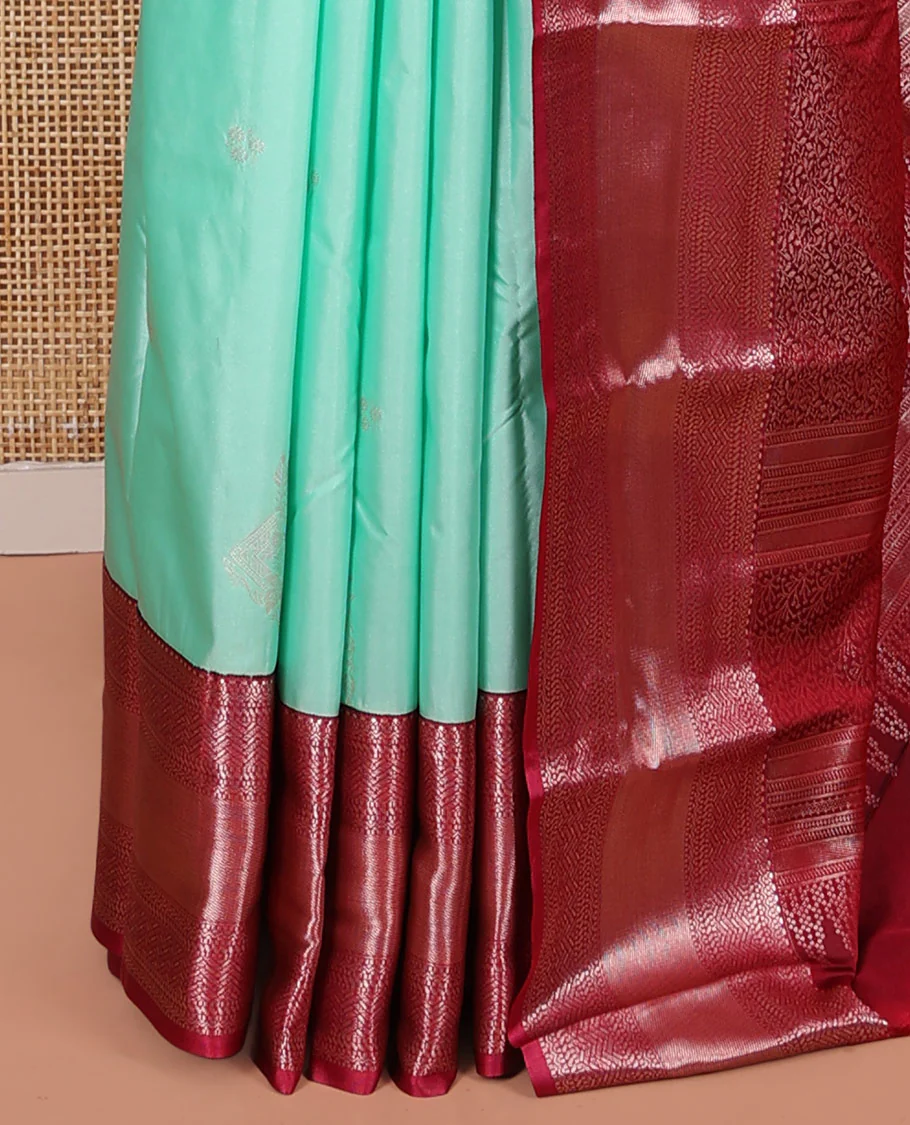 Turquoise Budget Silk Saree, Elegantly Framed with Zari Buttas on Its Body, Complemented by a Contrast Traditional Zari Design Border, Floral Design Pallu, and Paired with a Contrast Blouse - Image 3