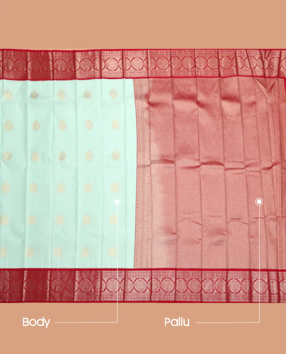 Turquoise Budget Silk Saree, Embellished with Zari Buttas All Over Its Body, Complemented by a Contrast Traditional Zari Design Border, Grand Jaal Pallu, and Paired with a Contrast Blouse - Image 3