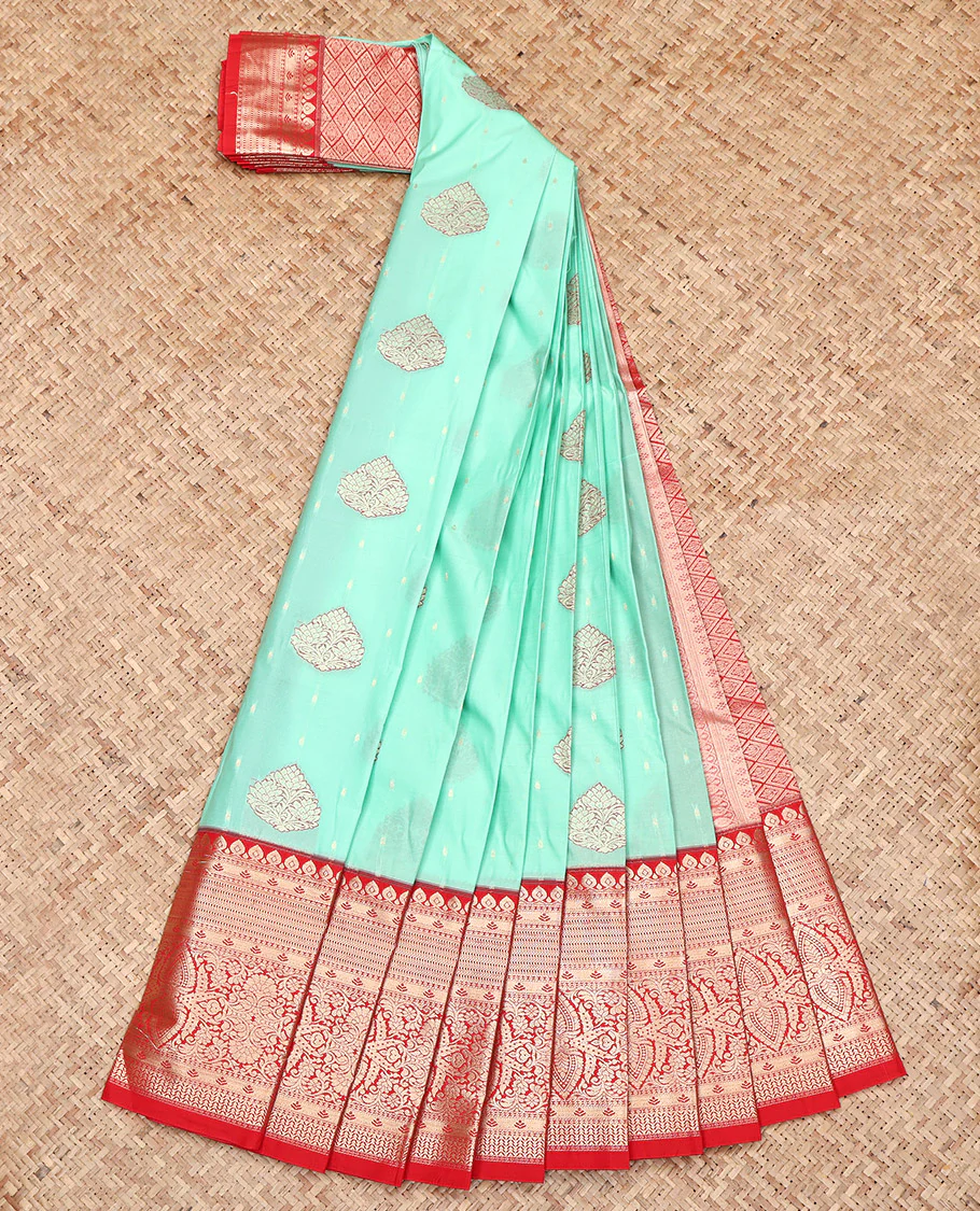Turquoise Budget Silk Saree, Enlivened with Zari Buttas on Its Body, Complemented by a Contrast Traditional Zari Design Border, Grand Jaal Pallu, and Paired with a Contrast Blouse - Image 2