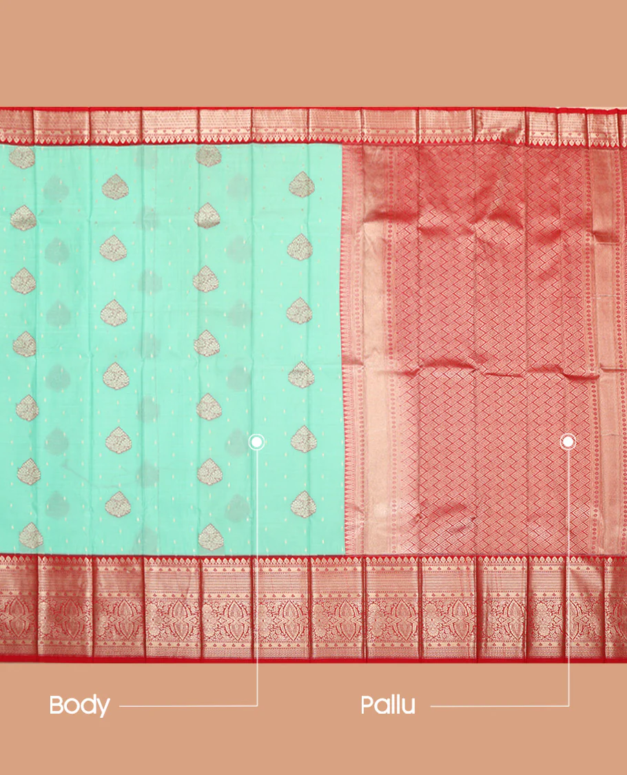 Turquoise Budget Silk Saree, Enlivened with Zari Buttas on Its Body, Complemented by a Contrast Traditional Zari Design Border, Grand Jaal Pallu, and Paired with a Contrast Blouse - Image 3