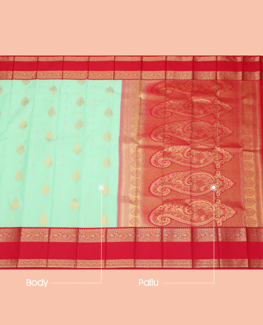 Turquoise Budget Silk Saree, Subtly Sparkled with Zari Buttas, Contrast Traditional Zari Rettai Pettu Border, Grand Pallu, and a Contrast Blouse - Image 3