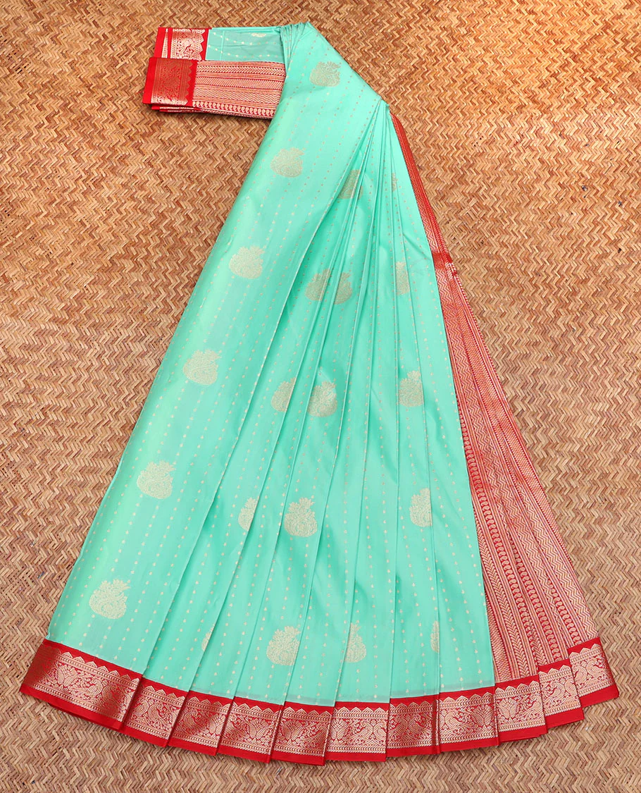 Turquoise Budget Silk Saree, Woven with Zari Buttas, Complemented by a Contrast Traditional Zari Peacock Border, Geometric-Patterned Pallu, and a Contrast Blouse - Image 2