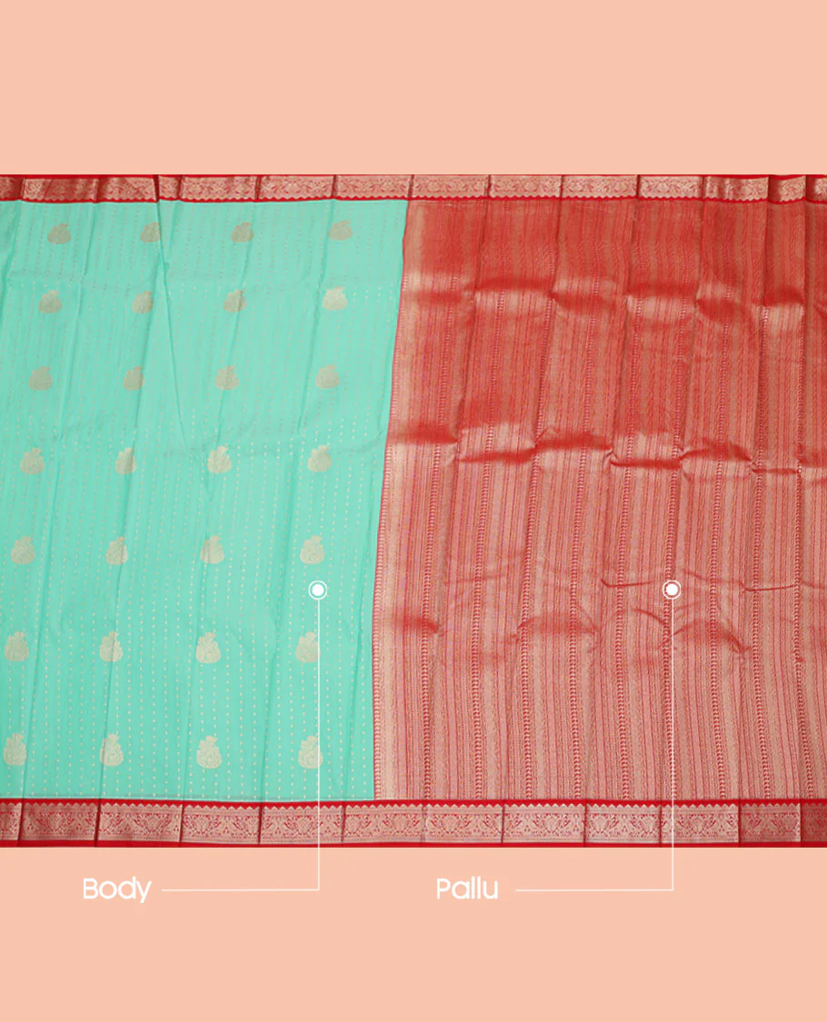 Turquoise Budget Silk Saree, Woven with Zari Buttas, Complemented by a Contrast Traditional Zari Peacock Border, Geometric-Patterned Pallu, and a Contrast Blouse - Image 3