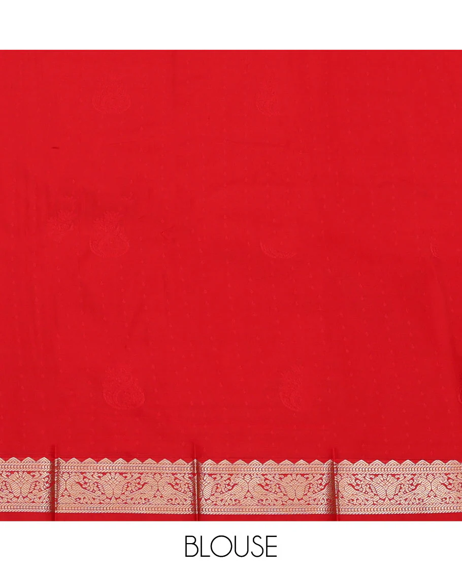 Turquoise Budget Silk Saree, Woven with Zari Buttas, Complemented by a Contrast Traditional Zari Peacock Border, Geometric-Patterned Pallu, and a Contrast Blouse - Image 4