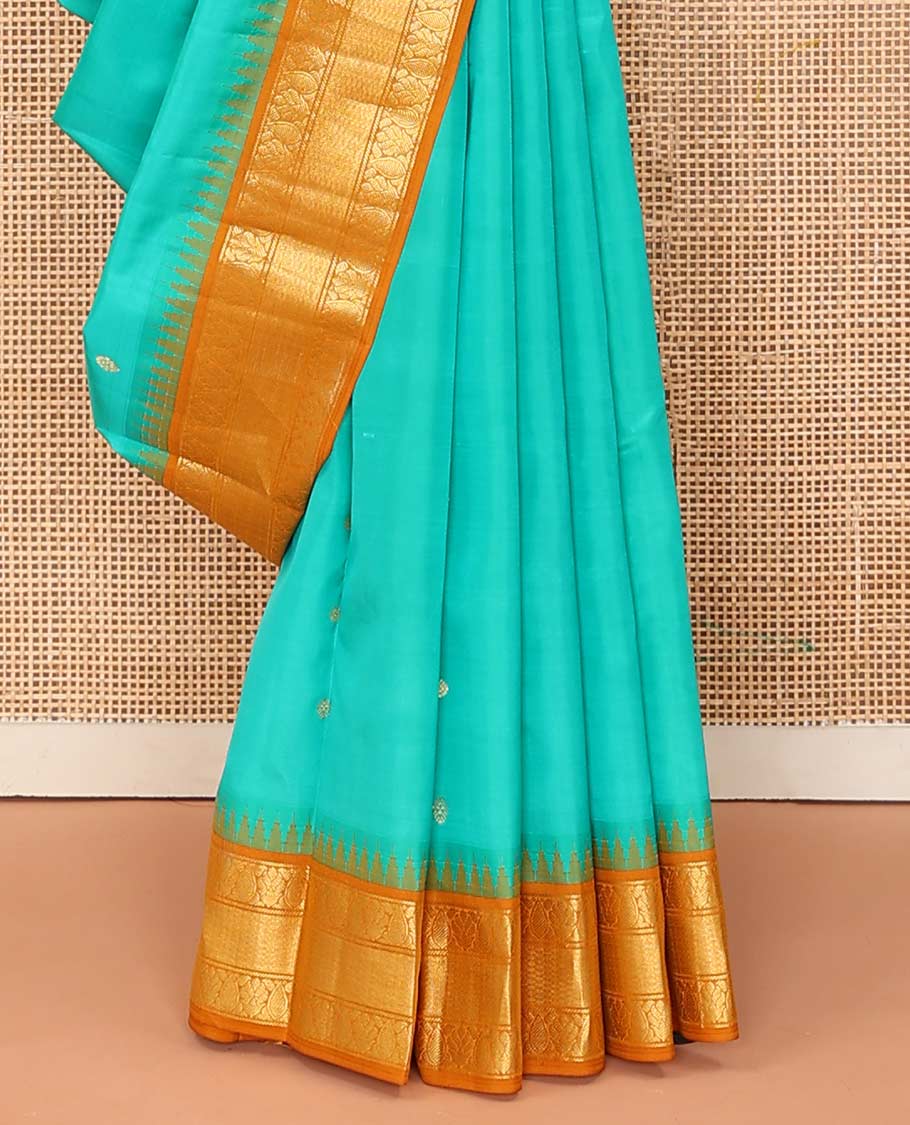 Turquoise buttas Bangalore silk saree, contrast temple traditional zari border, and pallu of jaal designs - Image 4