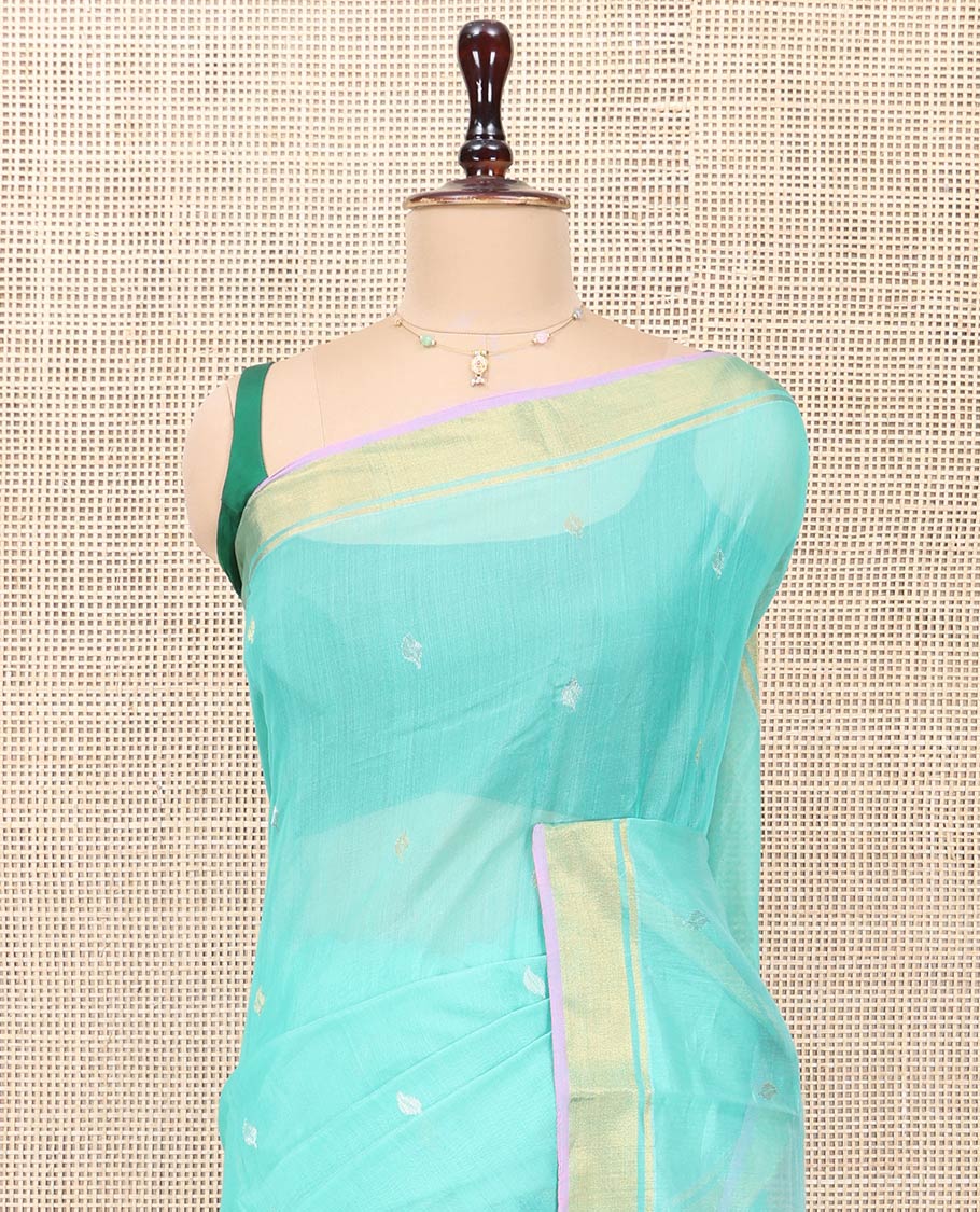 Turquoise Chanderi Cotton Saree, Enthralled with Zari Buttas All Over Its Body, Highlighted by a Zari Border, Pallu of Zari Stripes and Floral Buttas, and Paired with a Matching Blouse - Image 2