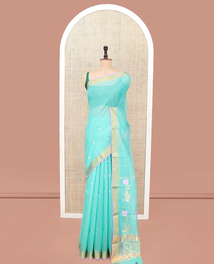 Turquoise Chanderi Cotton Saree, Enthralled with Zari Buttas All Over Its Body, Highlighted by a Zari Border, Pallu of Zari Stripes and Floral Buttas, and Paired with a Matching Blouse - Image 3