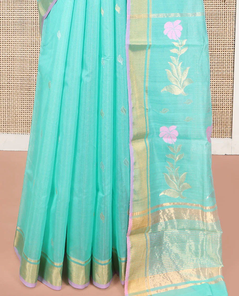 Turquoise Chanderi Cotton Saree, Enthralled with Zari Buttas All Over Its Body, Highlighted by a Zari Border, Pallu of Zari Stripes and Floral Buttas, and Paired with a Matching Blouse - Image 4