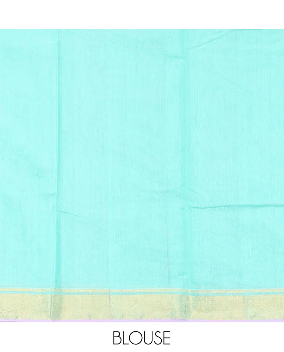 Turquoise Chanderi Cotton Saree, Enthralled with Zari Buttas All Over Its Body, Highlighted by a Zari Border, Pallu of Zari Stripes and Floral Buttas, and Paired with a Matching Blouse - Image 5