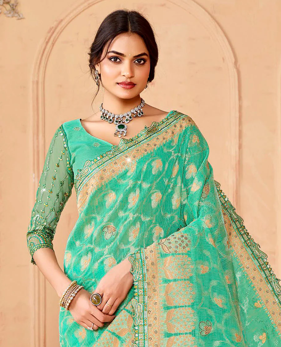 Turquoise jaal and micro-stone work designer saree, paisleys embroidered scallop border, and pallu of ogee patterns and stone work - Image 2