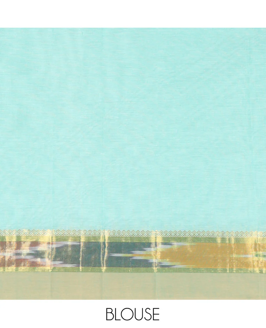 Turquoise Kanchi Cotton Saree, Showcasing Buttas All Over Its Body, Complemented by a Contrast Ikkat Border, Pallu of Floral Design, and Paired with a Matching Blouse - Image 3