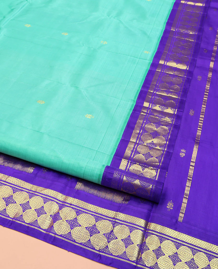 Turquoise Kanchipuram Silk Saree, Beautified with Zari Buttas on Its Body, Complemented by a Contrast One-Sided Korvai Border of Vanki, Banaras, and Rudraksham Designs, Pallu of Zari Designs, and Comes Without a Blouse - Image 2