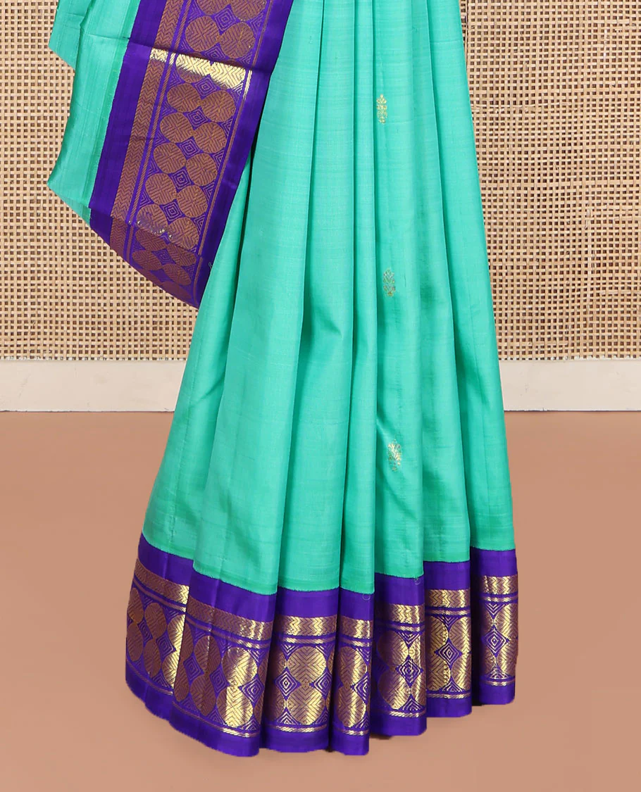 Turquoise Kanchipuram Silk Saree, Beautified with Zari Buttas on Its Body, Complemented by a Contrast One-Sided Korvai Border of Vanki, Banaras, and Rudraksham Designs, Pallu of Zari Designs, and Comes Without a Blouse - Image 4